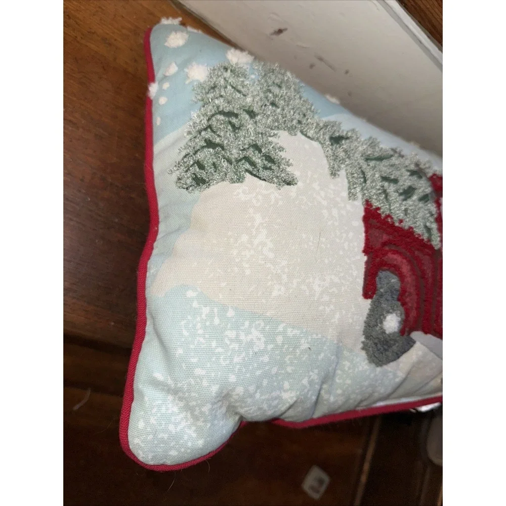 Decorative Pillow Red Truck in Snow‎ with Christmas Tree embroidered
